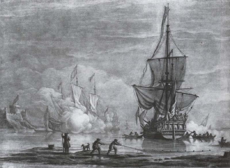 Monamy, Peter Calm scene of a yacht offshore with another ship firing a salute